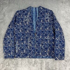 Pure J. Jill Sz L Open Front 1 Button Reversible‎ Quilted Jacket Blue Medallion